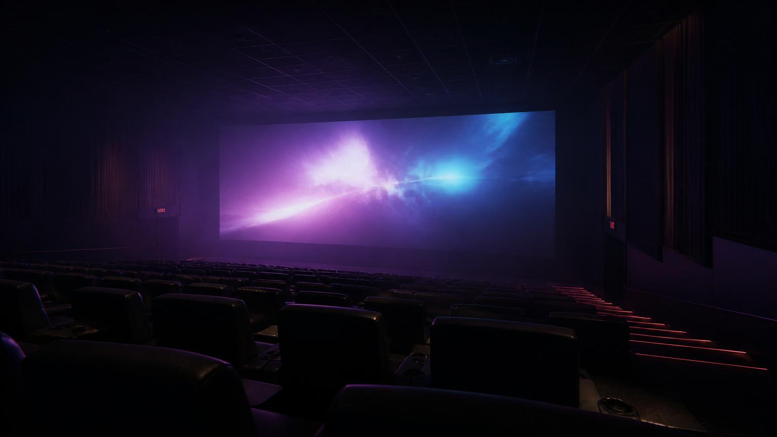 Dark auditorium with recliner seats facing a glowing cinema screen