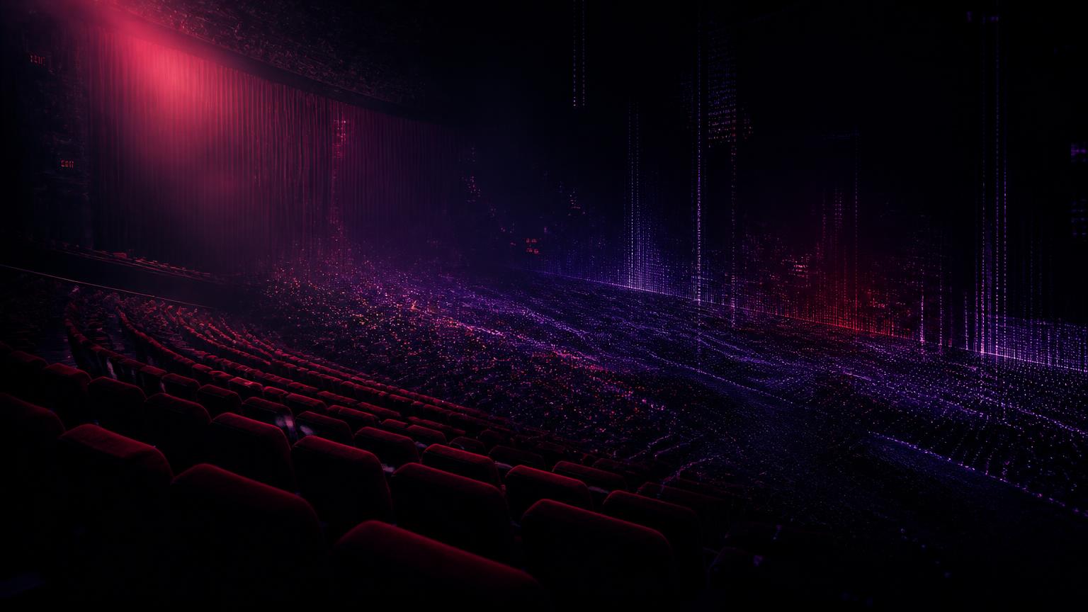 Dark movie theater dissolving into a purple digital landscape